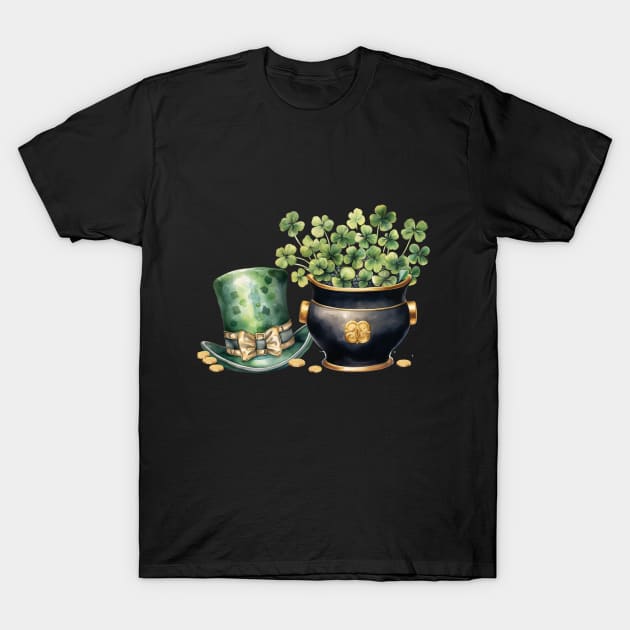 Leprechaun Hat and A Pot of Gold Coins and Clover T-Shirt by mw1designsart